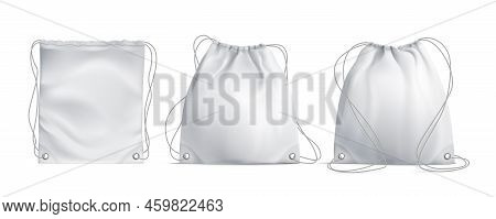 Three White Drawstring Bags Of Different Forms On White Background Realistic Set Isolated Vector Ill