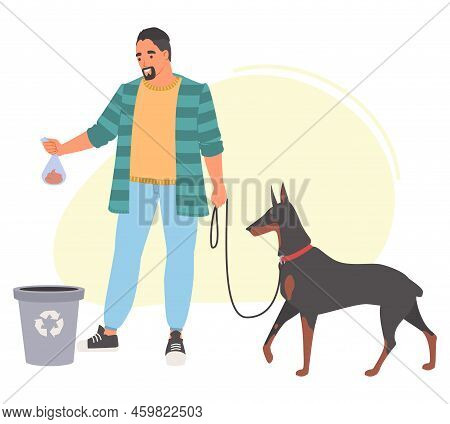 Man Throwing Dog Poop In Bag Into Trash Can Vector