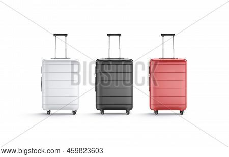 Blank Black, White, Red Suitcase With Handle Mockup Stand, Isolated, 3d Rendering. Emtpy Plastic Pro