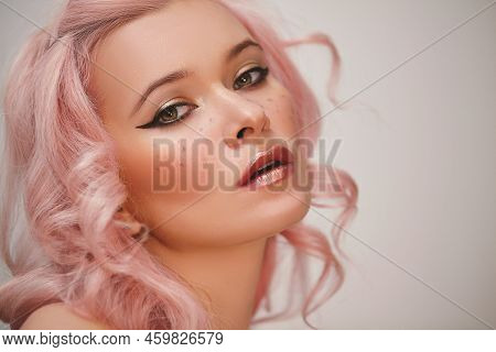 Soft-girl Style With Trend Pink Flying Hair, Fashion Make-up. Blond Woman Face With Freckles, Blush 