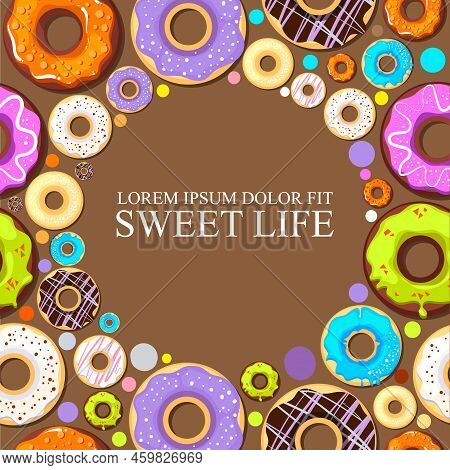 Donuts. Decorative Pattern With Glazy Pastries Donuts In Circle Forms. Vector Abstract Background Ca