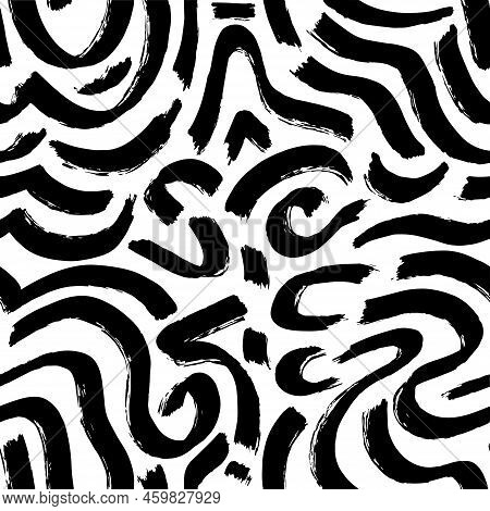 Abstract Artistic Seamless Pattern Background With Black Ink Paint Brush Irregular Stroke Shapes. Bl