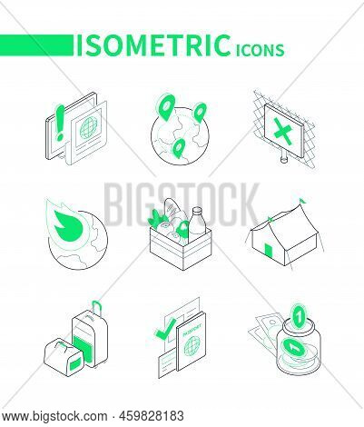Refugee Issues And Immigration - Modern Line Isometric Icons Set