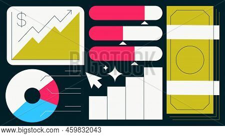 Stock Market Flat Vector Illustration. Laptop With Stock Market Infographics, Statistic And Pencil. 