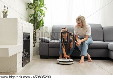 Daughter And Mother, Robot Vacuum Cleaner, Smart Home Technology