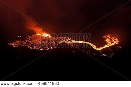 Aerial Drone Image Of Meradalir Eruption Of Fagradalsfjall Volcano In Iceland 2022