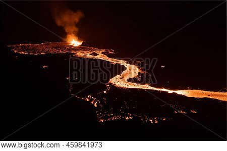 Aerial Drone Image Of Meradalir Eruption Of Fagradalsfjall Volcano In Iceland 2022
