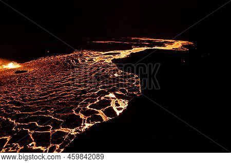 Aerial Drone Image Of Meradalir Eruption Of Fagradalsfjall Volcano In Iceland 2022
