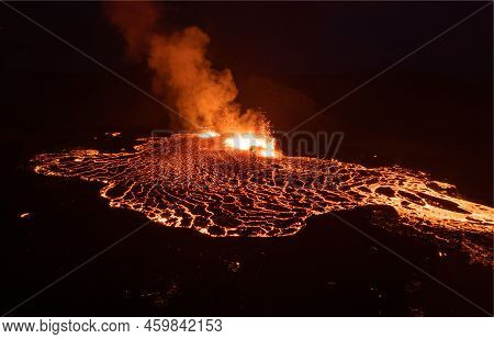 Aerial Drone Image Of Meradalir Eruption Of Fagradalsfjall Volcano In Iceland 2022