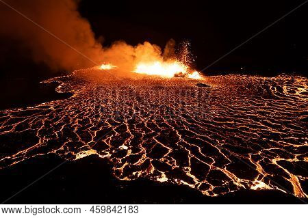 Aerial Drone Image Of Meradalir Eruption Of Fagradalsfjall Volcano In Iceland 2022