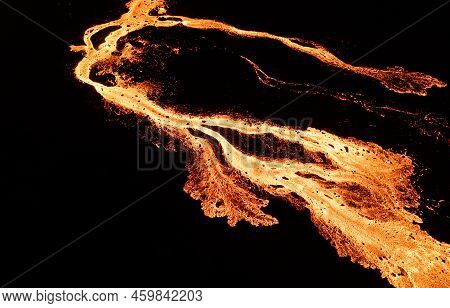 Aerial Drone Image Of Meradalir Eruption Of Fagradalsfjall Volcano In Iceland 2022