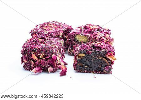 Turkish  Delight Rose Flavoured With Phistachio Covered With Rose Petal Isolated On White