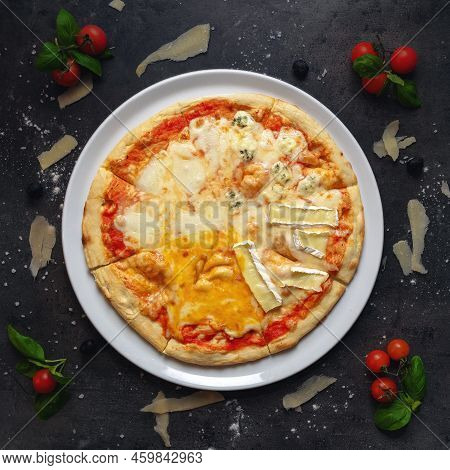 Top Down Pizza Shoot With White Plates In Restaurant