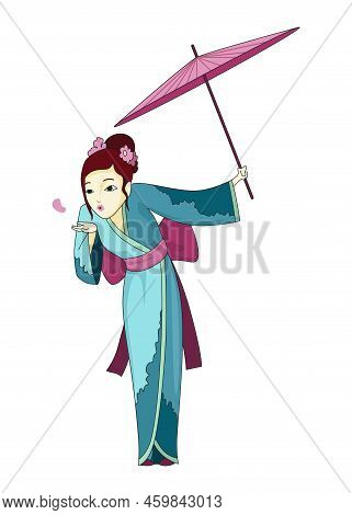 Japanese Girl Standing In Kimono. Women In Traditional Style Costume. Full Length Portrait Of Typica