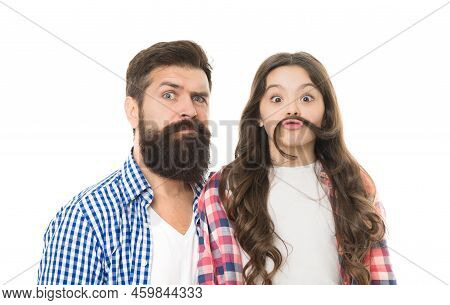 Moustache Is Under Your Nose. Father With Moustache And Beard Hair And Little Daughter With Long Hai