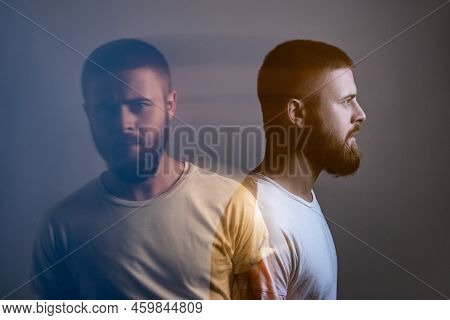 Double Exposure Crative Side View Profile And Portrait Of Artistic Bearded Model Man In White T-shir