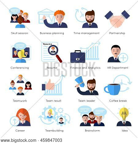 Teamwork Flat Icon Set With People At Work And Skull Session Business Planning Conferencing And Ext 