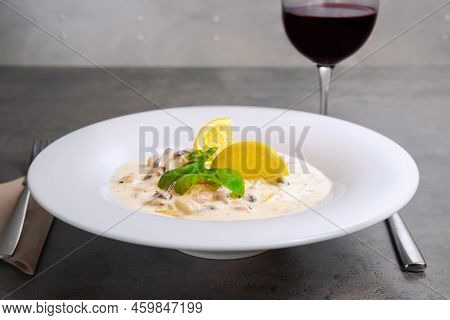 Delicious Italian Pasta Sea Food Style With Red Wine