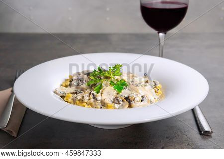 Italian Pasta With Creamy Mushroom Sauce And Red Wine