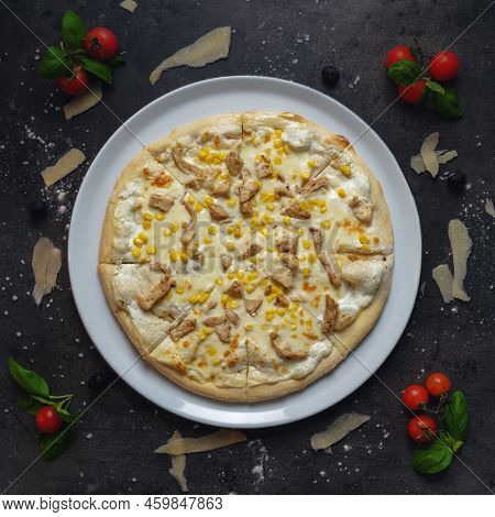 Italian Pizza With Bechamel Sauce, Roasted Chicken Breast And Corn