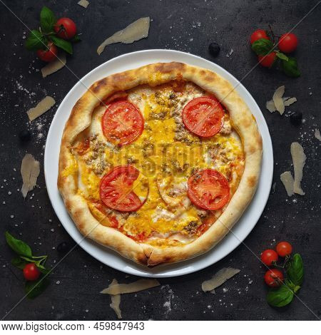 Italian Style Pizza With Tomato And Cheddar Cheese - Top Down