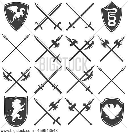 Heraldic Armory Graphic Icons Set With Dragon Lion Eagle Snake Shields Gothic Swords Lances Isolated