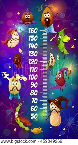 Kids Height Chart Nuts Wizards And Magicians Characters. Vector Stadiometer Growth Meter With Coconu