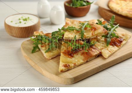 Delicious Khachapuri With Cheese Served On White Wooden Table