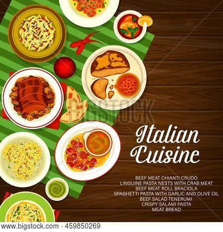 Italian Cuisine Menu Cover. Beef Roll Braciola, Meat Bread And Linguine Pasta With Crab, Crispy Sala