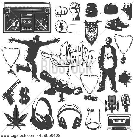 Black Isolated Hip Hop Icon Set Attributes And Accessories To Create A Hip Hop Style Vector Illustra