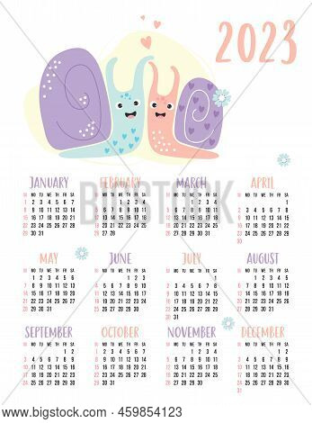 Yearly Calendar For 2023 With Happy Couple Of Cute Snails In Love. Vector Illustration. Vertical Tem
