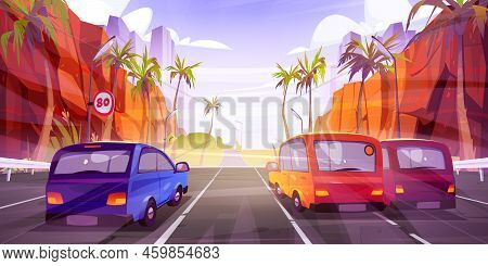 Cars Drive On Highway With Four Lanes, Lamps And Road Signs. Vector Cartoon Illustration Of Summer T