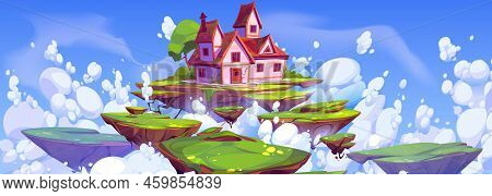 Pink Magic House On Floating Island In Blue Sky With Fluffy Clouds. Fantasy Summer Landscape With Fa