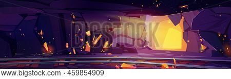 Gold Mine Tunnel Inside View, Cave With Railway, Golden Shine, Precious Ingots And Nuggets In Rocks 