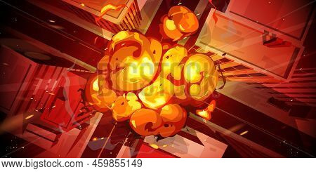 Nuclear Explosion In City Top View. Fiery Mushroom Cloud Of Atomic Bomb Detonation Raising Above Sky