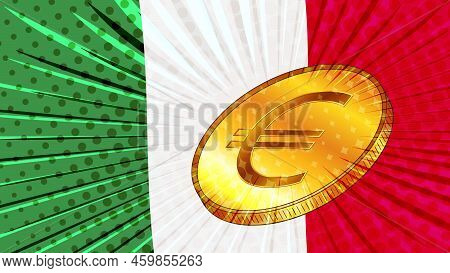 Italy Flag And Golden Coin With Sign Currency Euro Eur. Cbdc Concept. Vector Illustration.