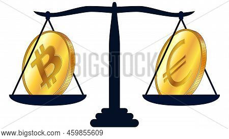 Gold Coin Of Bitcoin Btc And Euro Eur On Scales Isolated On White Background. Laws On Digital Assets