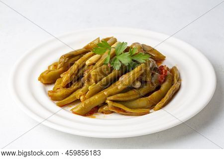 Traditional Delicious Turkish Food; Green Beans With Olive Oil; Turkish Name; Zeytinyagli Taze Fasul