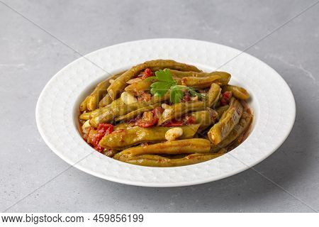 Traditional Delicious Turkish Food; Green Beans With Olive Oil; Turkish Name; Zeytinyagli Taze Fasul