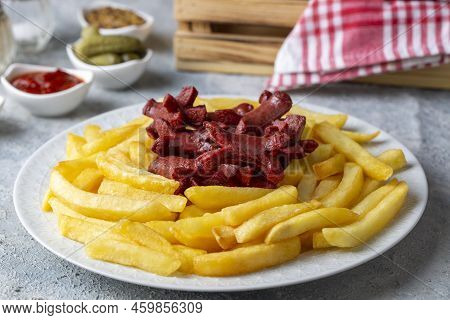 French Fries And Sausage Fries Platter (turkish Name; Patates Ve Sosis Kizartmasi)