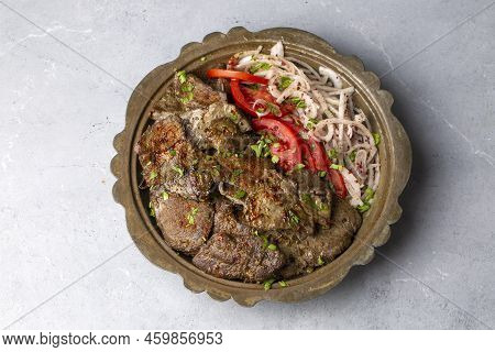 Traditional Turkish Liver Kebab Cuisine. Leaf Liver Spicy. Delicious Turkish Ciger. (turkish Name; Y