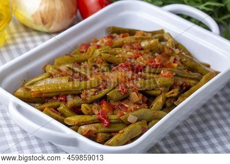 Traditional Delicious Turkish Food; Green Beans With Olive Oil; Turkish Name; Zeytinyagli Taze Fasul