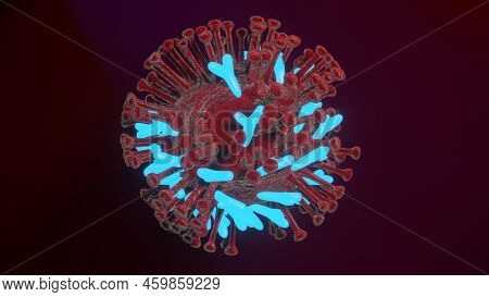 Abstract Virus Cells With Antibodies. Coronavirus Cells. Covid-19 Bodies Collapse. Vaccination. 3d R