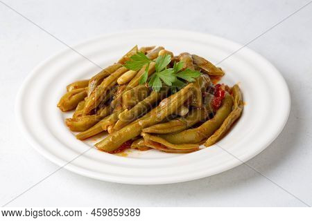 Traditional Delicious Turkish Food; Green Beans With Olive Oil; Turkish Name; Zeytinyagli Taze Fasul
