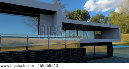Stunning Cozy Villa In The Tropics. Glass Railing On A Large Balcony. Black Brick Wall Finish. Palm 