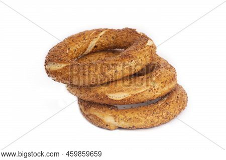 Turkish Fast Food Bagel Called Simit. Turkish Bagel Simit With Sesame. Bagel Is Traditional Turkish 