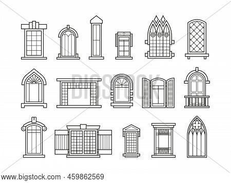 Line Vintage Windows. Decorative Architectural Outline Drawing With Arches And Frames, Outdoor Faced