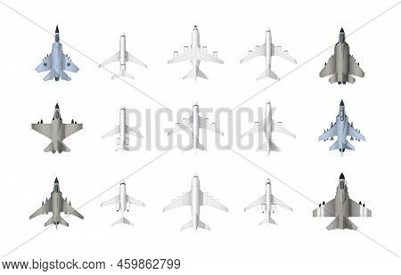 Civil And Military Aircraft Top View. Cartoon Jet Fighters And Civil Aviation Cargo And Passenger Ai