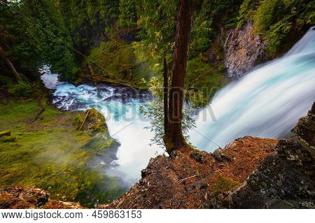 Sahalie Falls On Mckenzie River Located In The Willamette National Forest, Oregon, With Very Lush An