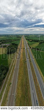 Brecht, Belgium, 6th Of July, 2022, Panoramic Aerial Drone View Of Wind Farm Or Wind Park, With High